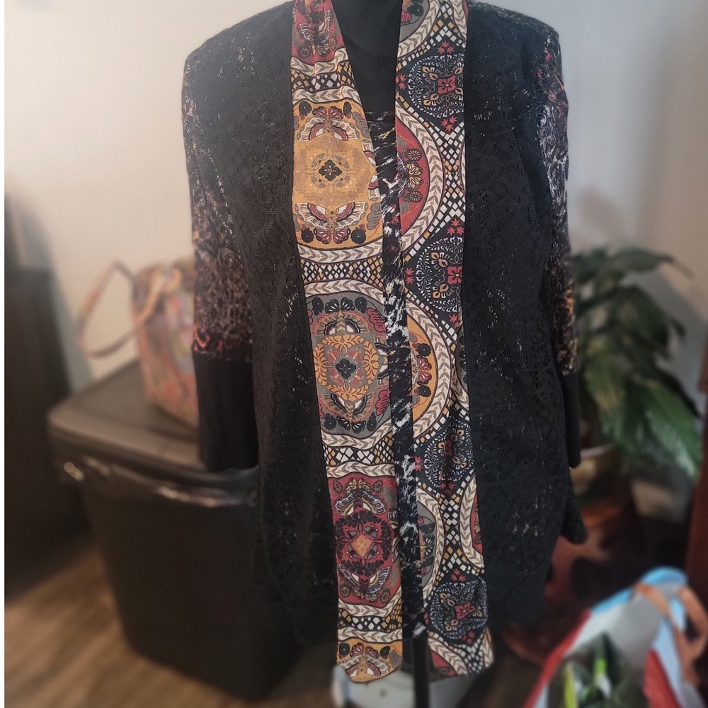 Multiples Womens Small Black‎ Lace Media Cardigan Leopard Medallion Print